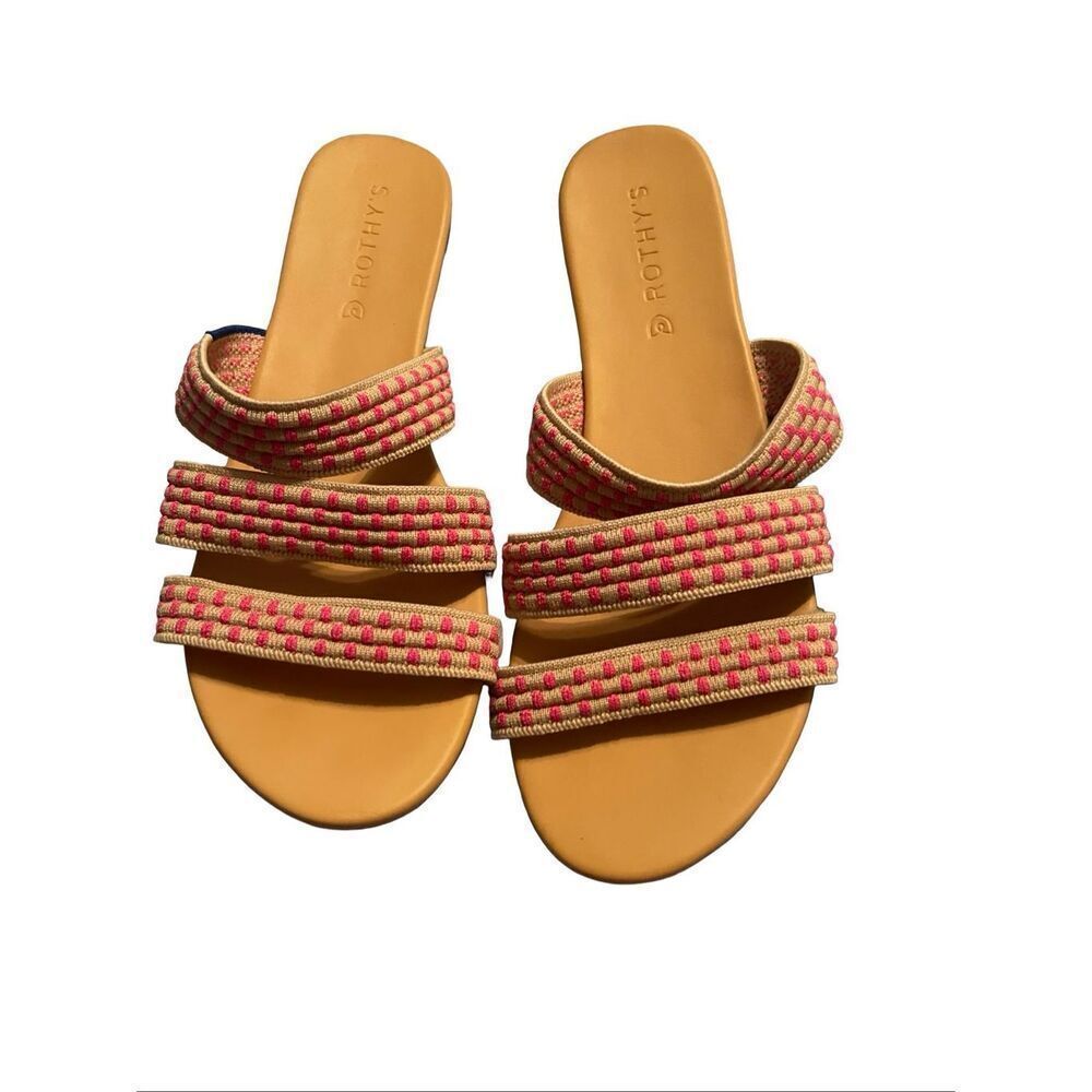 Rothy's Womens Tan Hot Pink Basket Stitch Triple Band Flat Slide Sandal Size 8